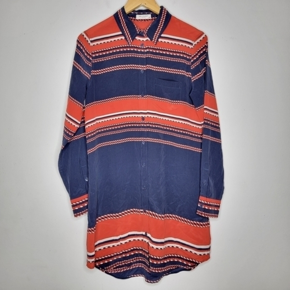 Equipment Femme Small 100%‎ Silk Red Blue Button Front Long Sleeve Mini Dress